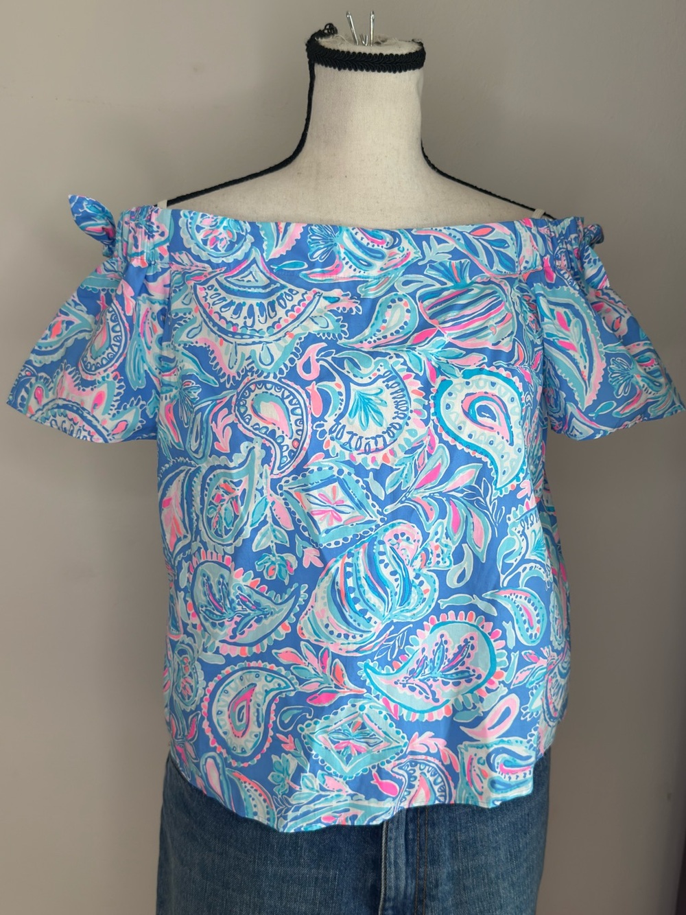 Lilly Pulitzer Tamara off shoulder top zanzibar blue fish kiss xs